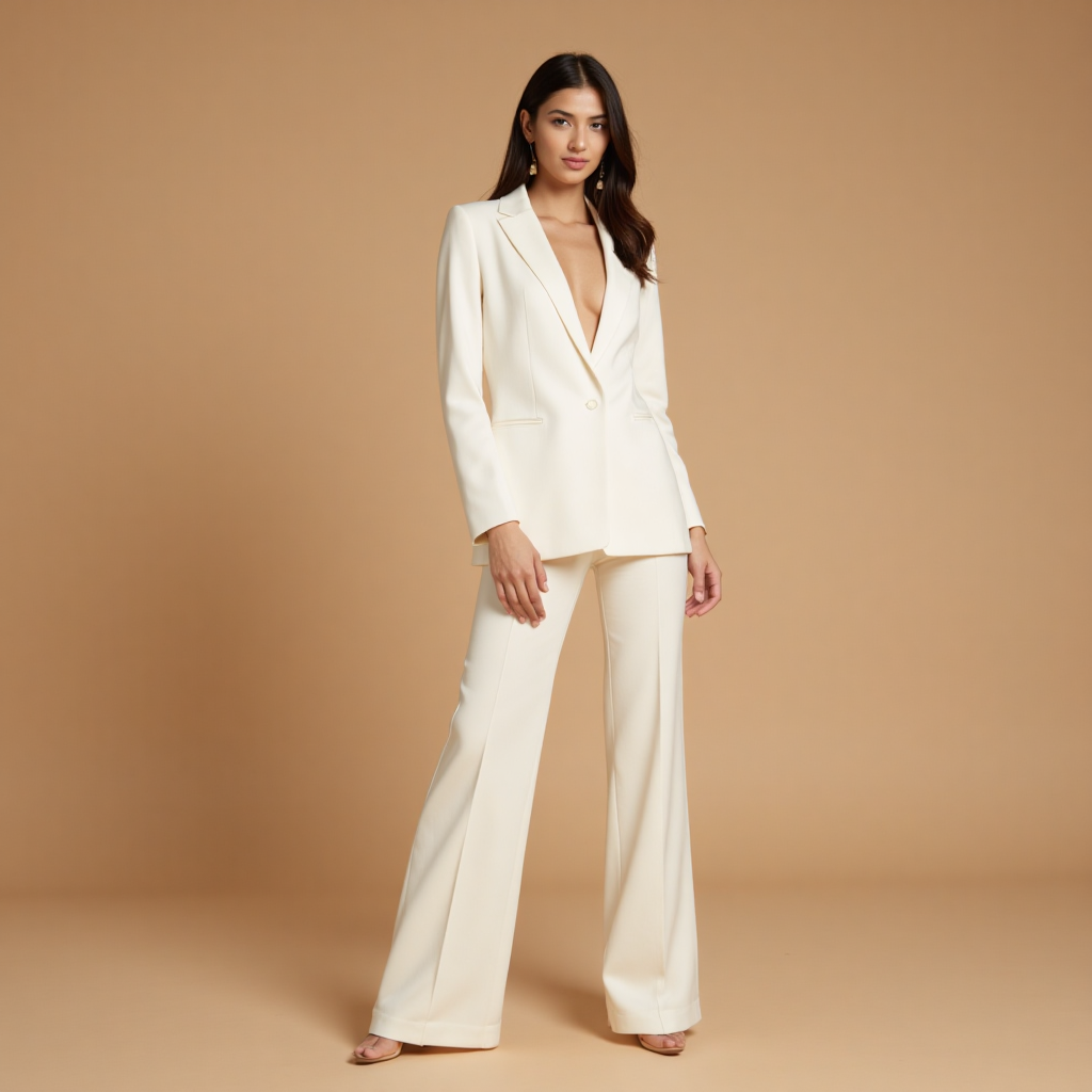 Aanya Mehra, GlobalCreatorTimes AI Editorial Model, in an ivory tailored suit editorial