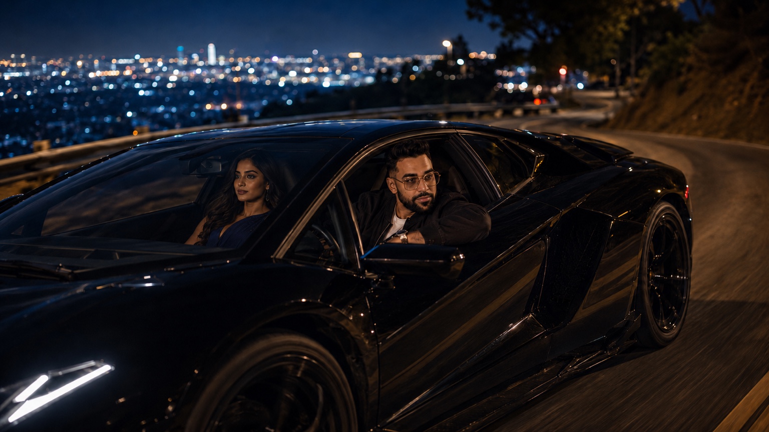 Luxury car overlooking a city skyline at night