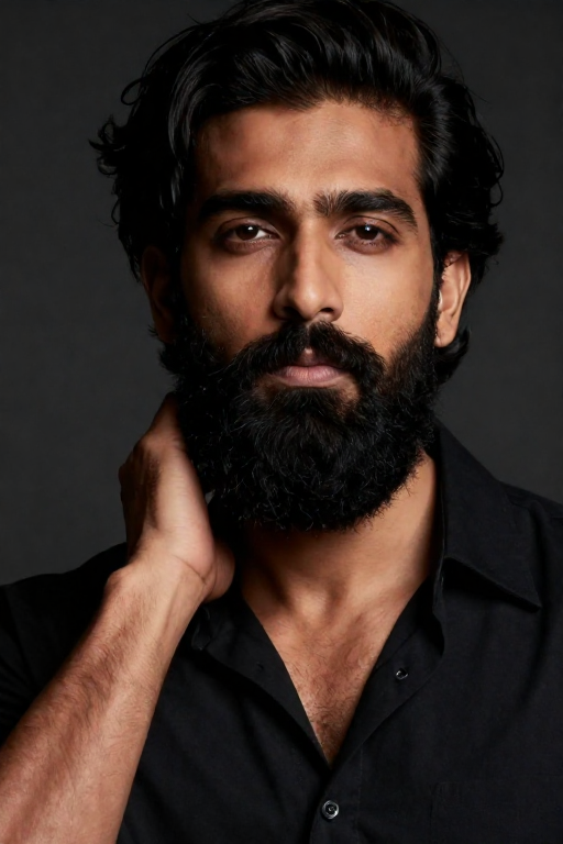 Editorial portrait of modern grooming with a full beard and textured hair, all-black styling