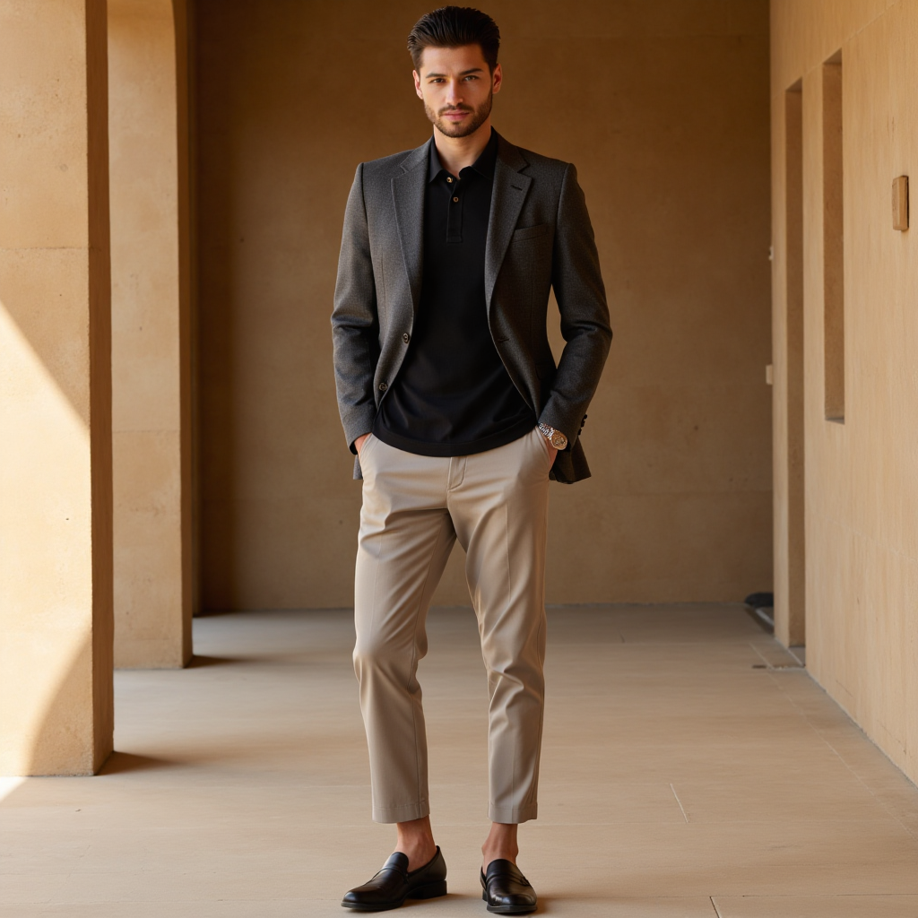 Editorial menswear look in tailored blazer and knit polo, quiet luxury styling